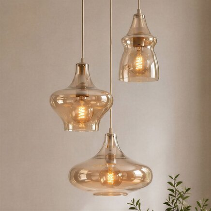 Pendel Trinidad, 3 lyskilder med amber glas og beige