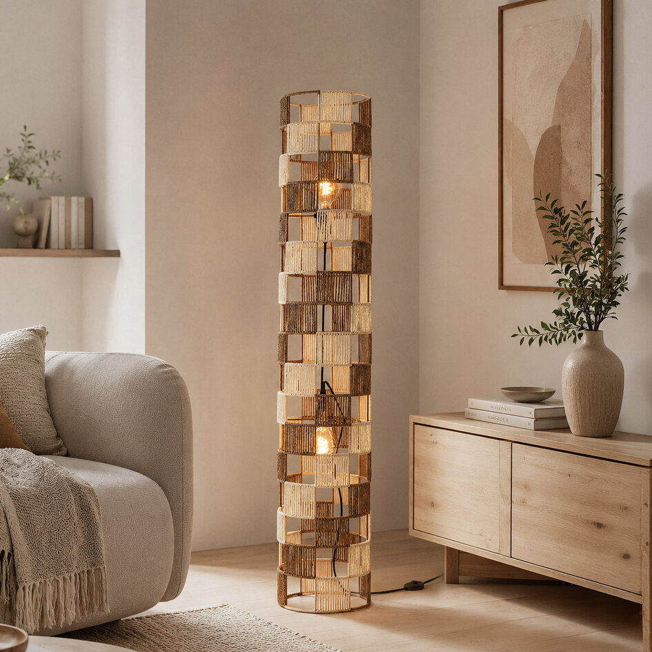 Gulvlampe Ines med flettet reb - beige og brun