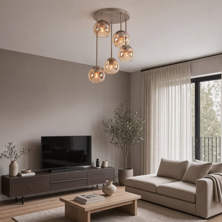 Loftlampe Carato med 5 amber glasskærme - beige