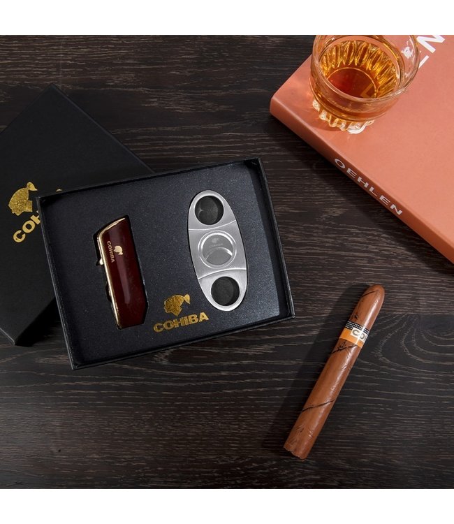 Cohiba Zigarrenfeuerzeug und Zigarrenschneider Set in rot