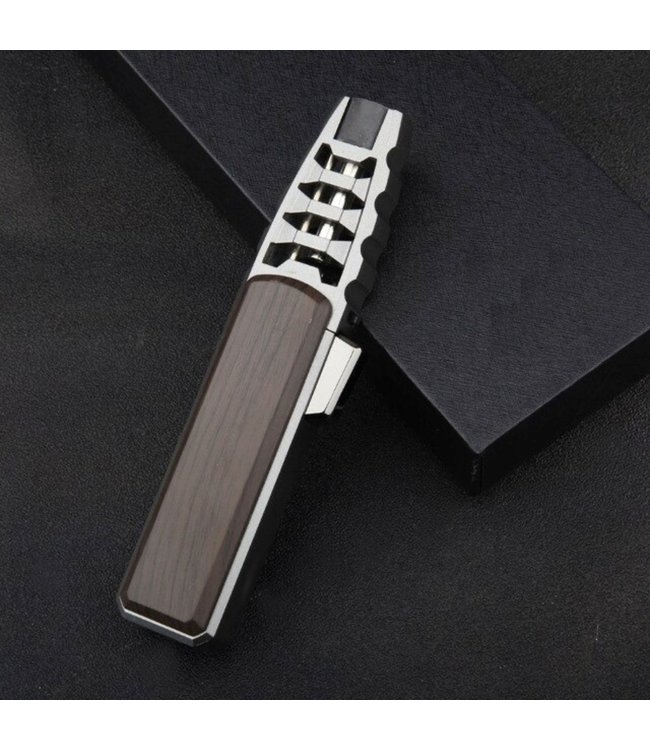 Turbo Jetflame Feuerzeug - Gasbrenner - Feuerwerksfackel - Crème Brûlée Brenner - Grill- und Zigarrenanzünder - Winddicht - Walnuss mit grauem Metallgehäuse