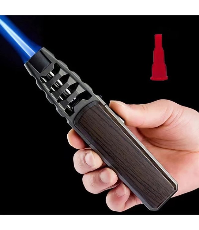 Turbo Jetflame Feuerzeug - Gasbrenner - Feuerwerksfackel - Crème Brûlée Brenner - Grill- und Zigarrenanzünder - Winddicht - Walnuss mit grauem Metallgehäuse
