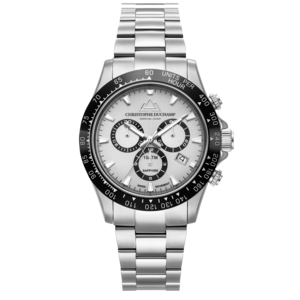 Christophe Duchamp Grand Mont (heren) - Zilveren wijzerplaat met zwarte lunette en zilveren roestvrijstalen band