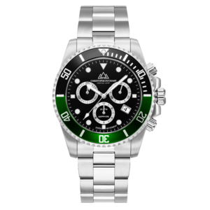 Christophe Duchamp Marine Chrono - Zwarte wijzerplaat met zwart-groene lunette en zilverkleurige roestvrijstalen band Christophe Duchamp Marine Chrono - Zwarte wijzerplaat met zwart-groene lunette en zilverkleurige roestvrijstalen band
