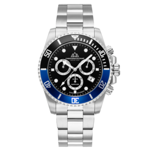 Christophe Duchamp Marine Chrono - Zwarte wijzerplaat met zwart-blauwe lunette en zilverkleurige roestvrijstalen band Christophe Duchamp Marine Chrono - Zwarte wijzerplaat met zwart-blauwe lunette en zilverkleurige roestvrijstalen band