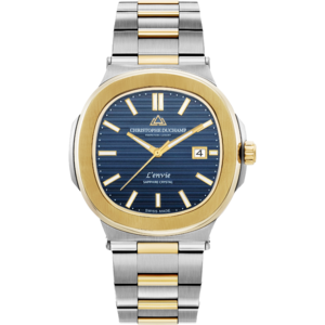 Christophe Duchamp L'envie (heren) - Blauwe wijzerplaat met zilveren en gouden roestvrijstalen band