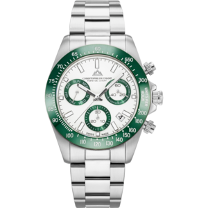 Christophe Duchamp Grand Mont Ceramic (heren) - Witte wijzerplaat met groene lunette en zilverkleurige roestvrijstalen band