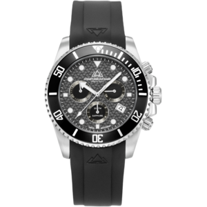 Christophe Duchamp Marine chrono Rubber (heren) - Zwarte wijzerplaat met zilverkleurige kast, zwarte lunette en zwarte rubberen band