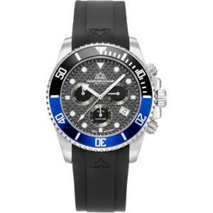 Christophe Duchamp Marine Chrono Rubber (heren) - Zwarte wijzerplaat met zilverkleurige kast, zwart-blauwe lunette en zwarte rubberen band