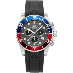 Christophe Duchamp Marine Chrono Rubber (heren) - Zwarte wijzerplaat met zilverkleurige kast, blauw-rode lunette en zwarte rubberen band