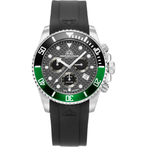 Christophe Duchamp Marine Chrono Rubber (heren) - Zwarte wijzerplaat met zilverkleurige kast, zwart-groene lunette en zwarte rubberen band