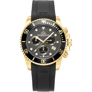 Christophe Duchamp Marine Chrono Rubber (heren) - Zwarte wijzerplaat met gouden kast, zwarte lunette en zwarte rubberen band Christophe Duchamp Marine Chrono Rubber (heren) - Zwarte wijzerplaat met gouden kast, zwarte lunette en zwarte rubberen band