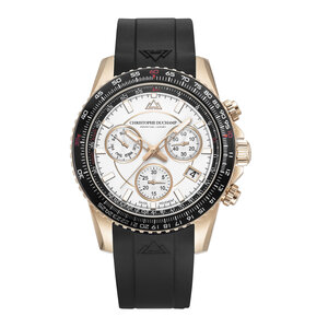 Christophe Duchamp Velocite V2 - Witte wijzerplaat met roségouden kast en zwarte rubberen band Christophe Duchamp Velocite V2 - Witte wijzerplaat met roségouden kast en zwarte rubberen band