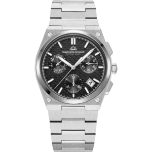 Christophe Duchamp Attitude Chrono (heren) - Zwarte wijzerplaat met zilverkleurige kast en zilverkleurige roestvrijstalen band.