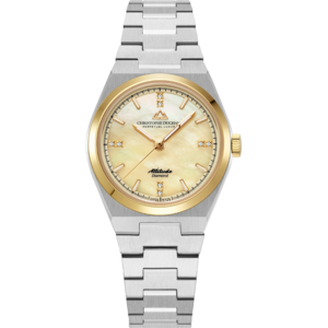 Christophe Duchamp Attitude Double Diamond (dames) - Champagnekleurige wijzerplaat met zilver- en goudkleurige kast en zilverkleurige roestvrijstalen band.