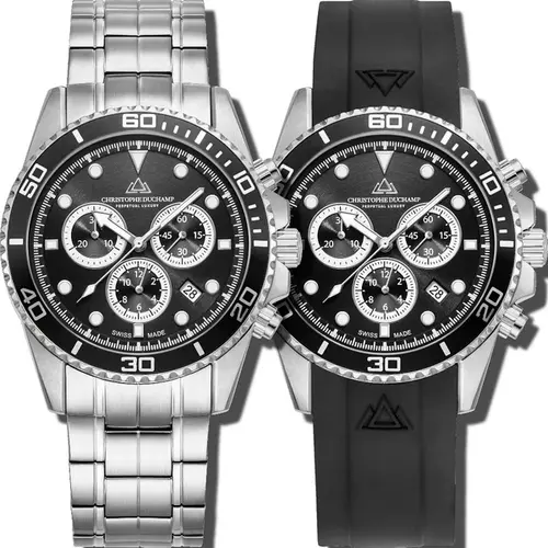 Christophe Duchamp Christophe Duchamp Marine Chrono II (heren) – Zwarte Wijzerplaat met Zilverkleurige Kast en Zilverkleurige Stalen Band