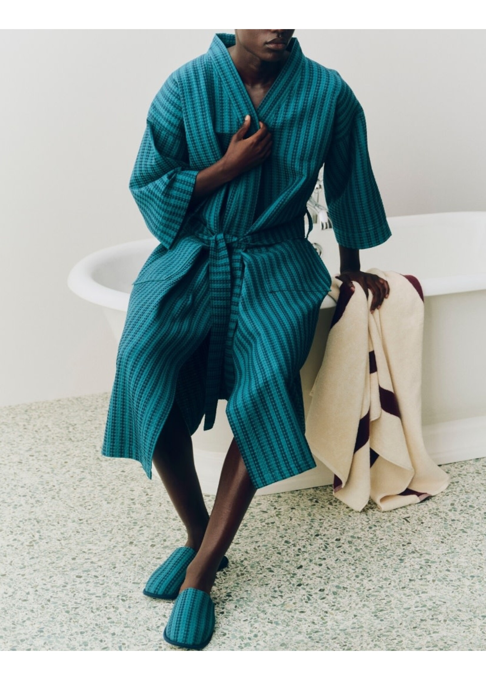 HAY Waffle Bathrobe - Stripe - Petrol Blue