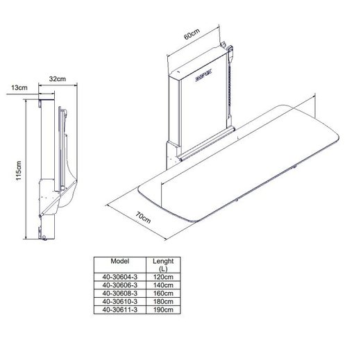 Table d'entretien pliante pour montage mural Ropox Vario, réglable en hauteur électriquement