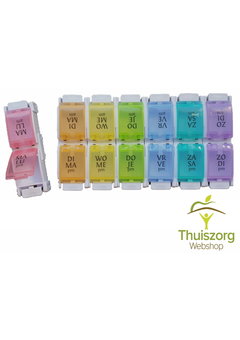 Boîte à  médicaments colorée pendant une semaine avec des boutons-poussoirs pratiques