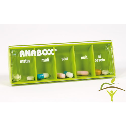 Boîte à médicaments Anabox pour  1 jour avec  5 compartiments (NL ou FR)