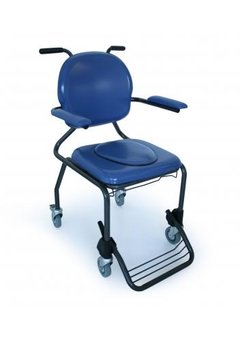 Chaise percée sur roulettes, vinyle bleu