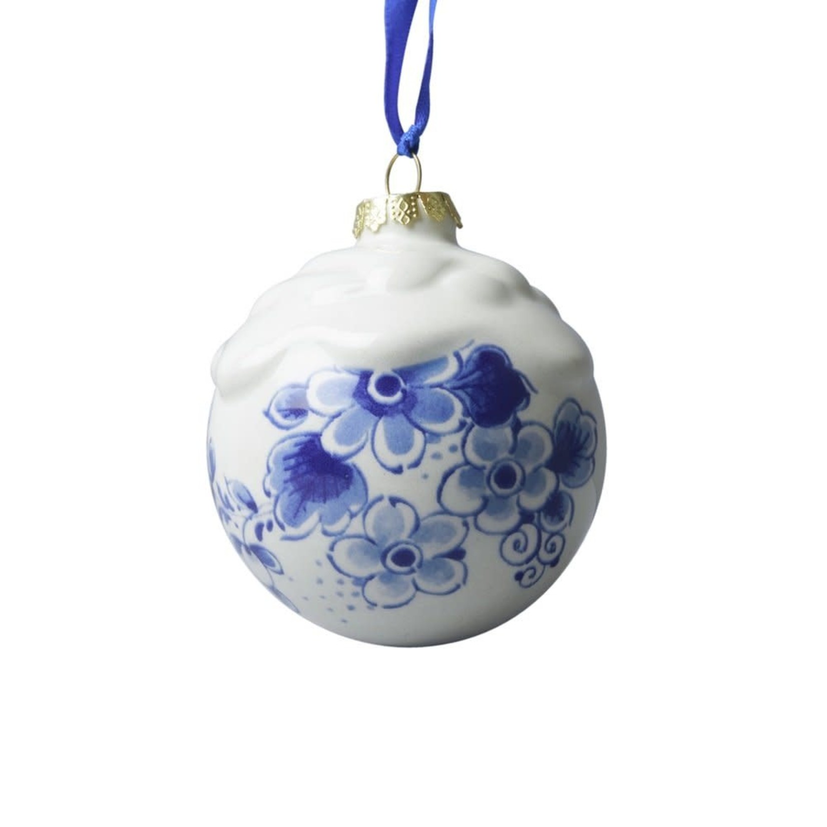 Heinen Delfts Blauw Kerstbal met sneeuw