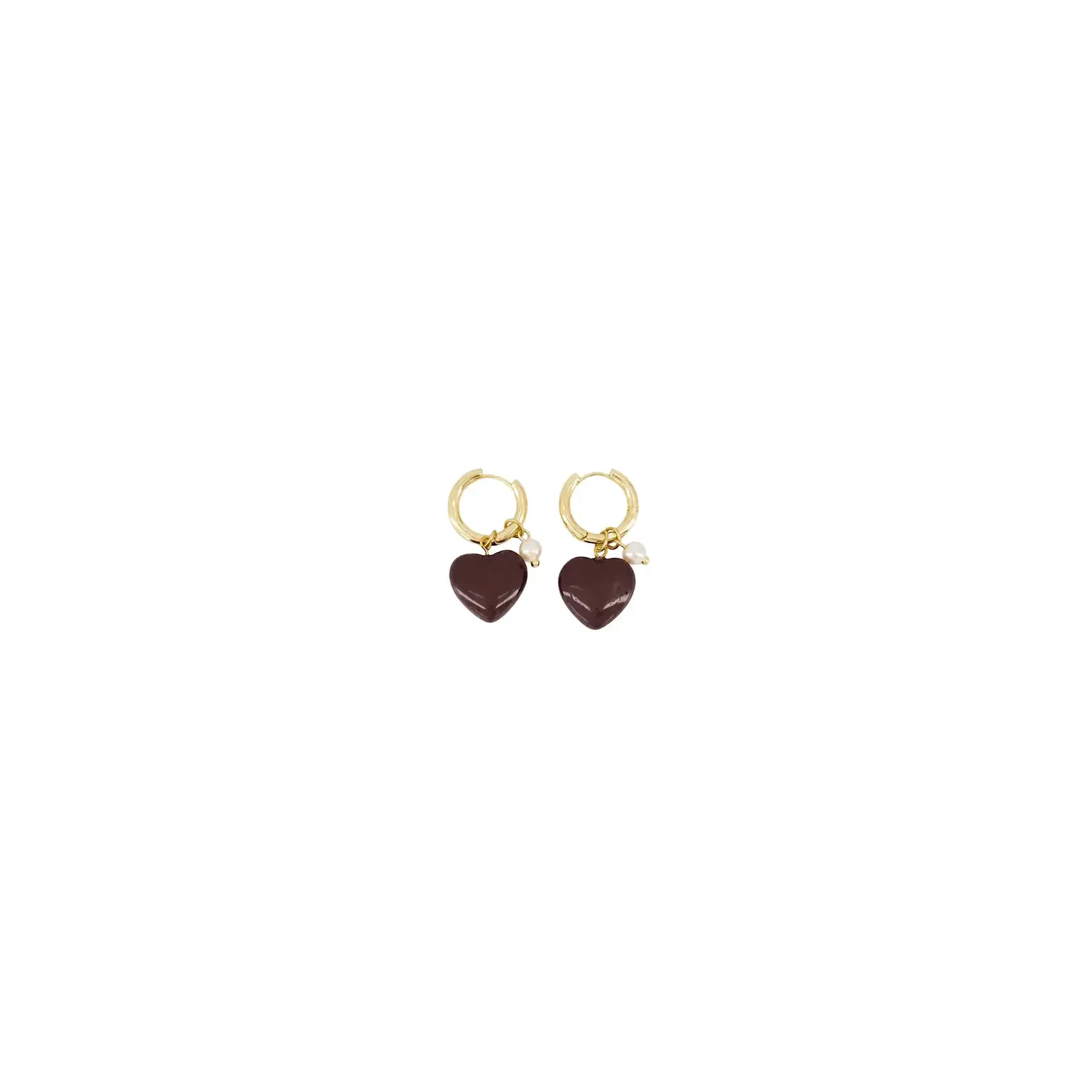 Zusss Earring with heart and pearl - Dark Choco