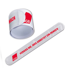 Reflektor-Schnappband in weiß mit rotem Aufdruck