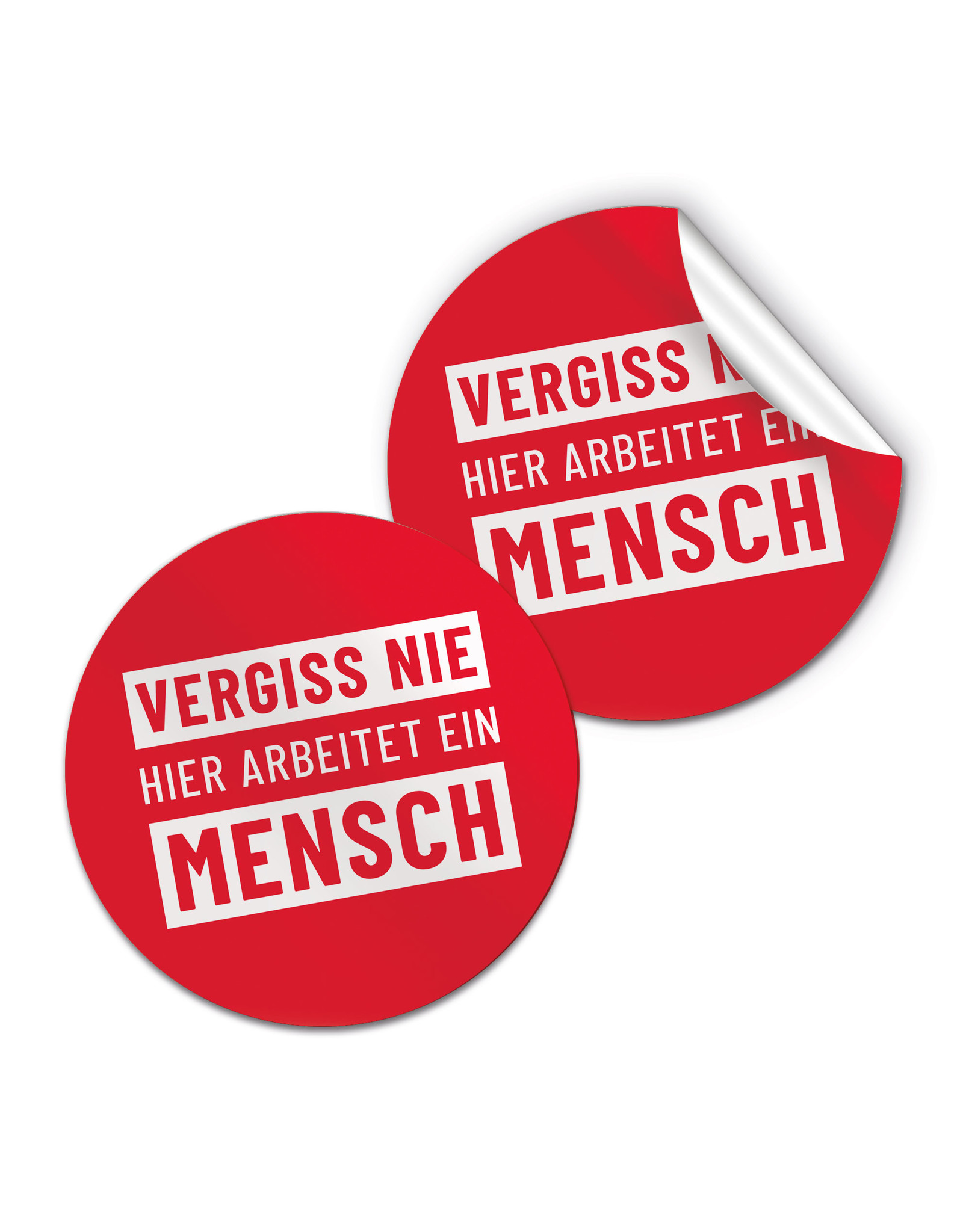 Runder Sticker mit Logo der Initiative "Vergiss nie, hier arbeitet ein Mensch"