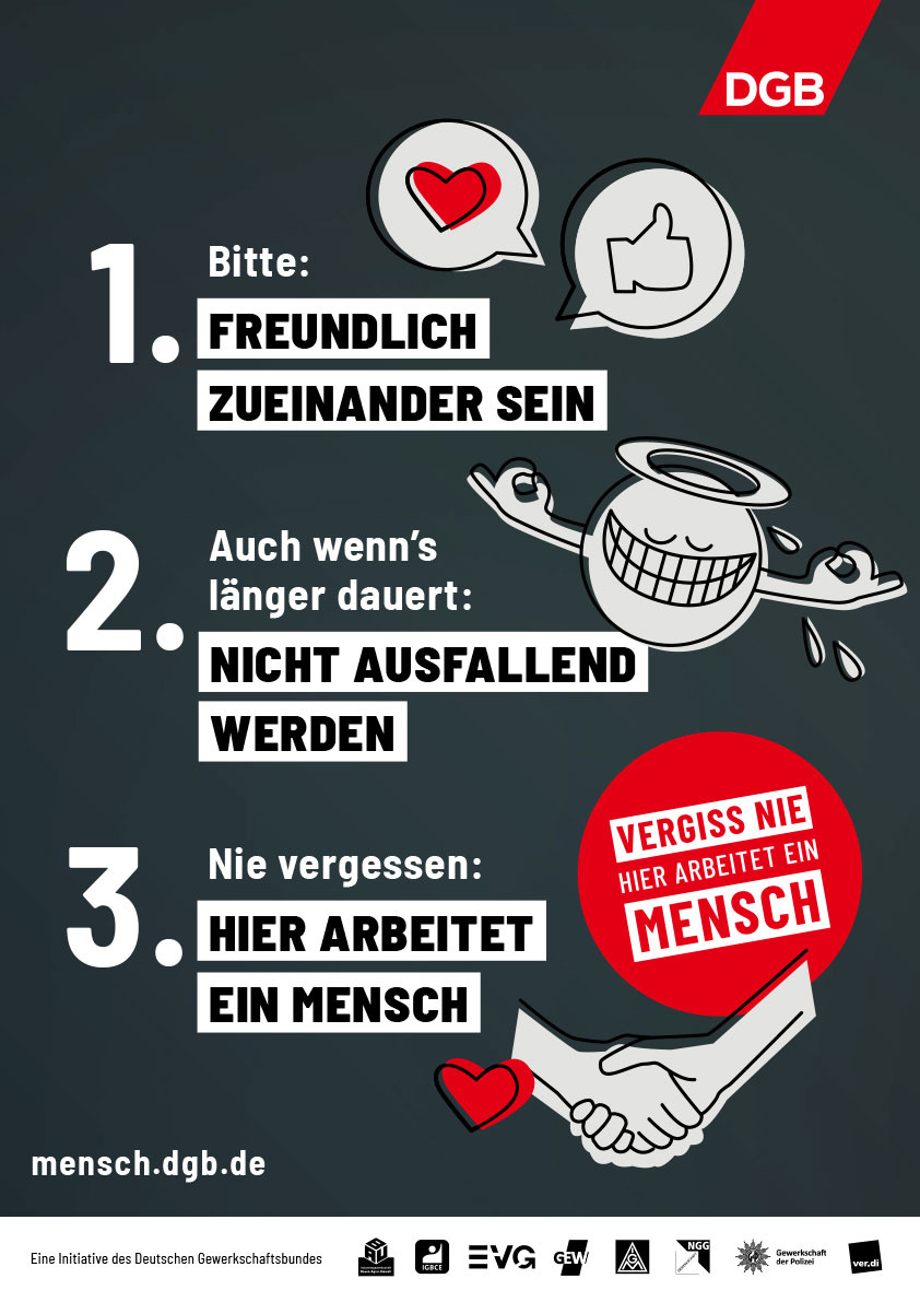 Verhaltens-Poster „Bitte: FREUNDLICH ZUEINANDER SEIN…“ - DGB-Shop
