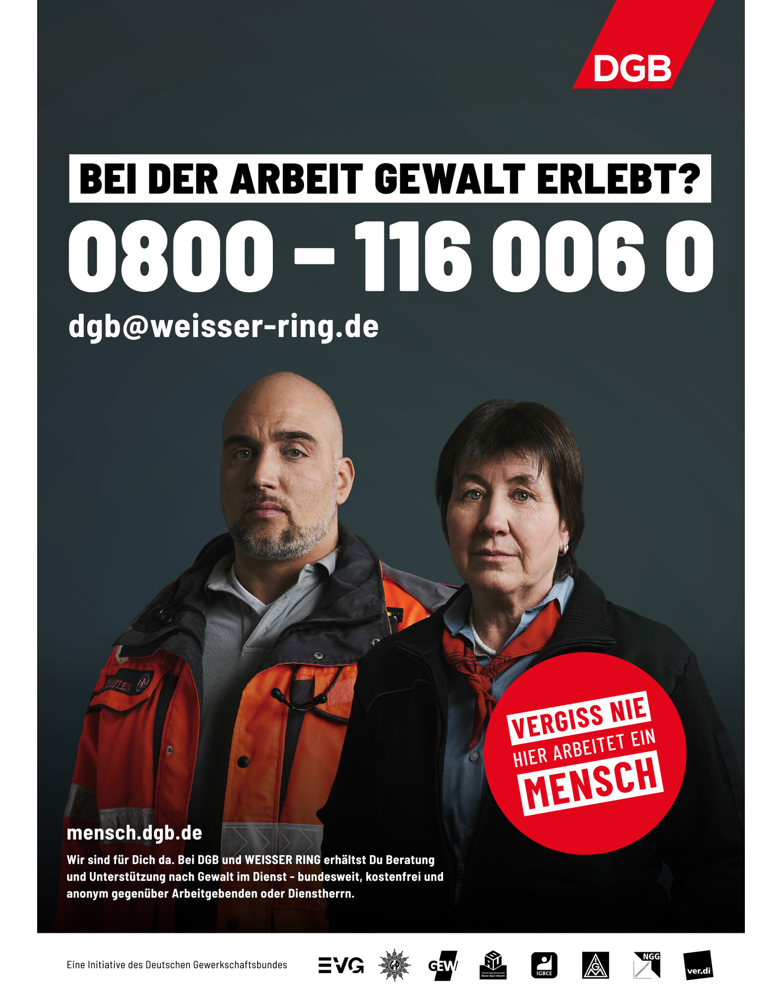 Plakat Hotline „Bei der Arbeit Gewalt erlebt? (mit Menschen)“   verschiedene Formate