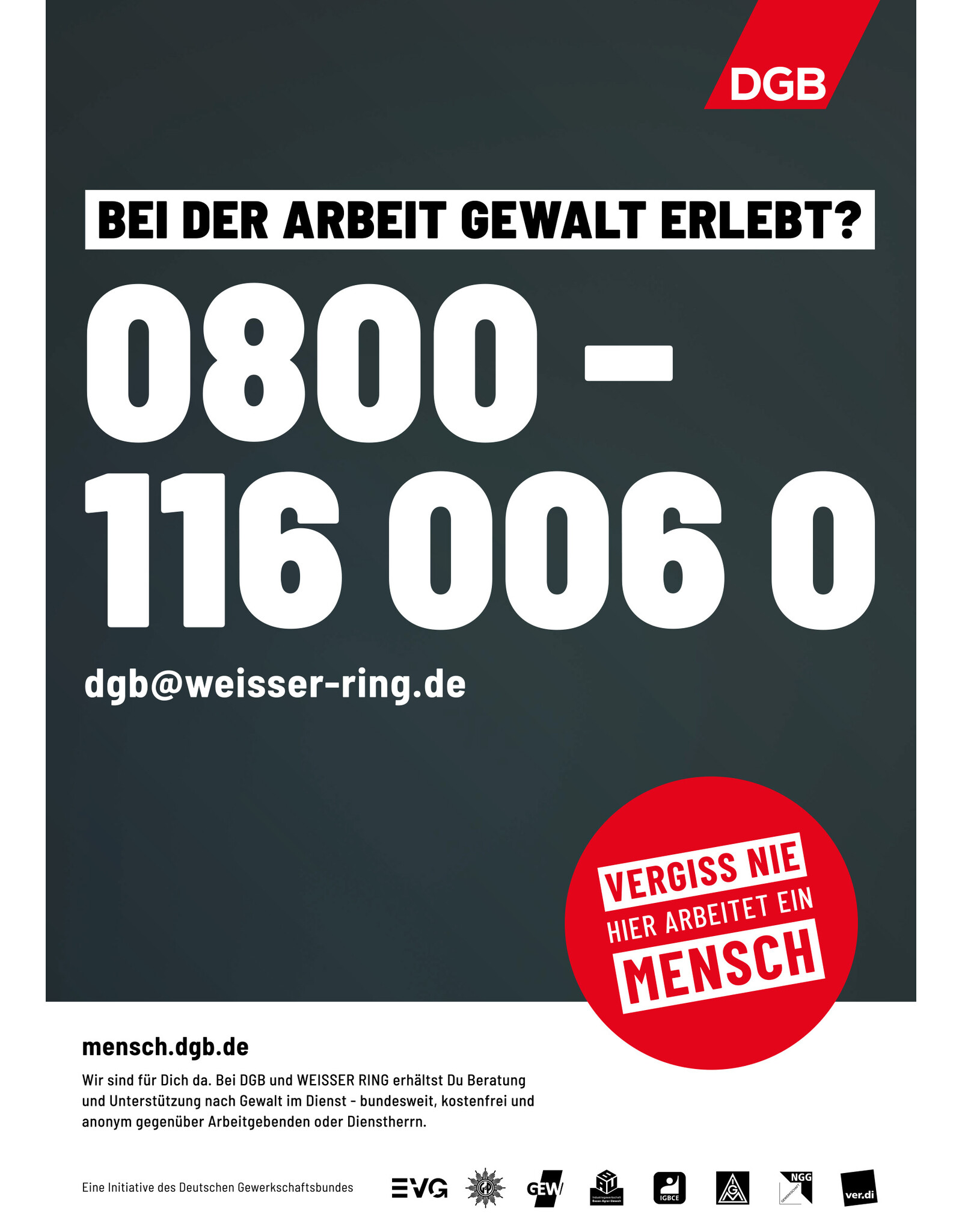 Plakat Hotline „Bei der Arbeit Gewalt erlebt? (mit Text)“ verschiedene Formate