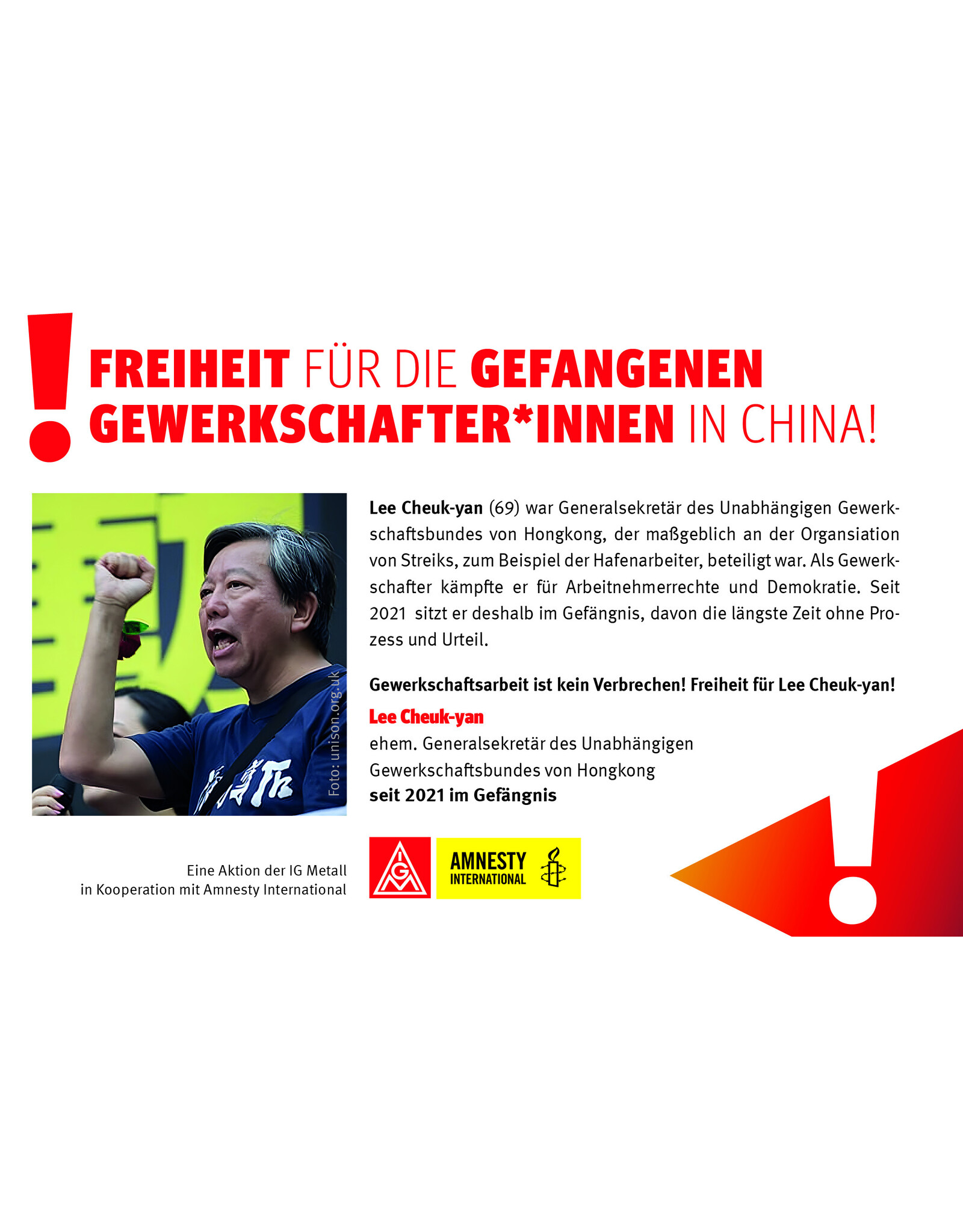 Postkarte Freiheit für Lee Cheuk-yan