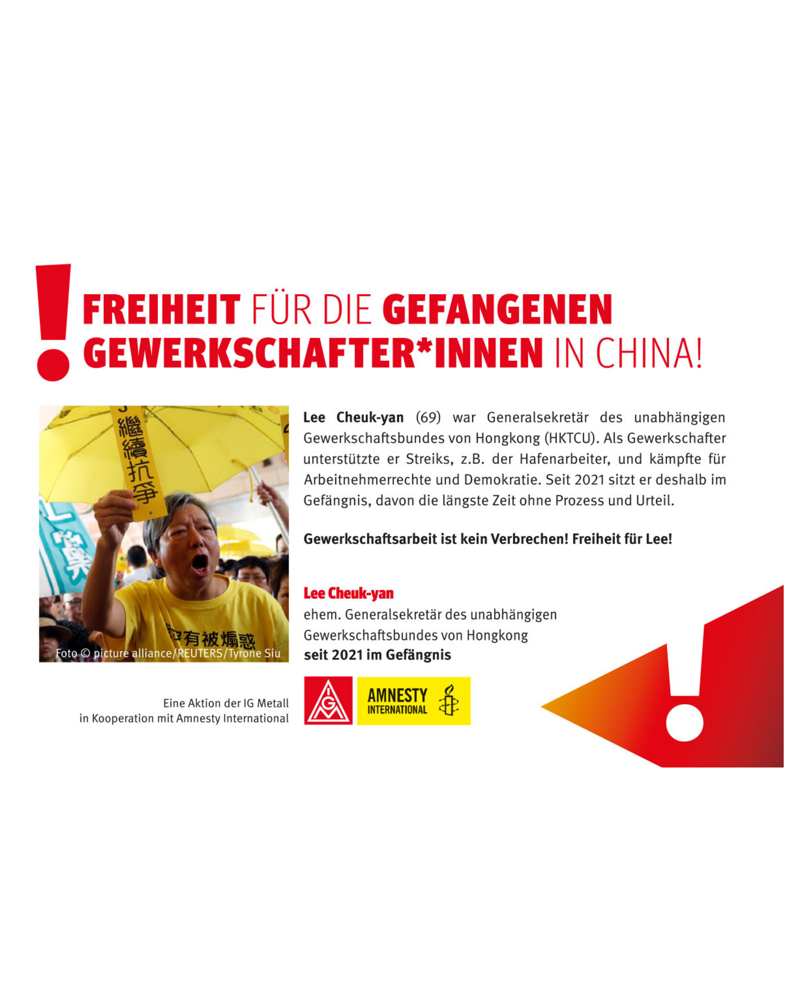 Postkarte Freiheit für Lee Cheuk-yan