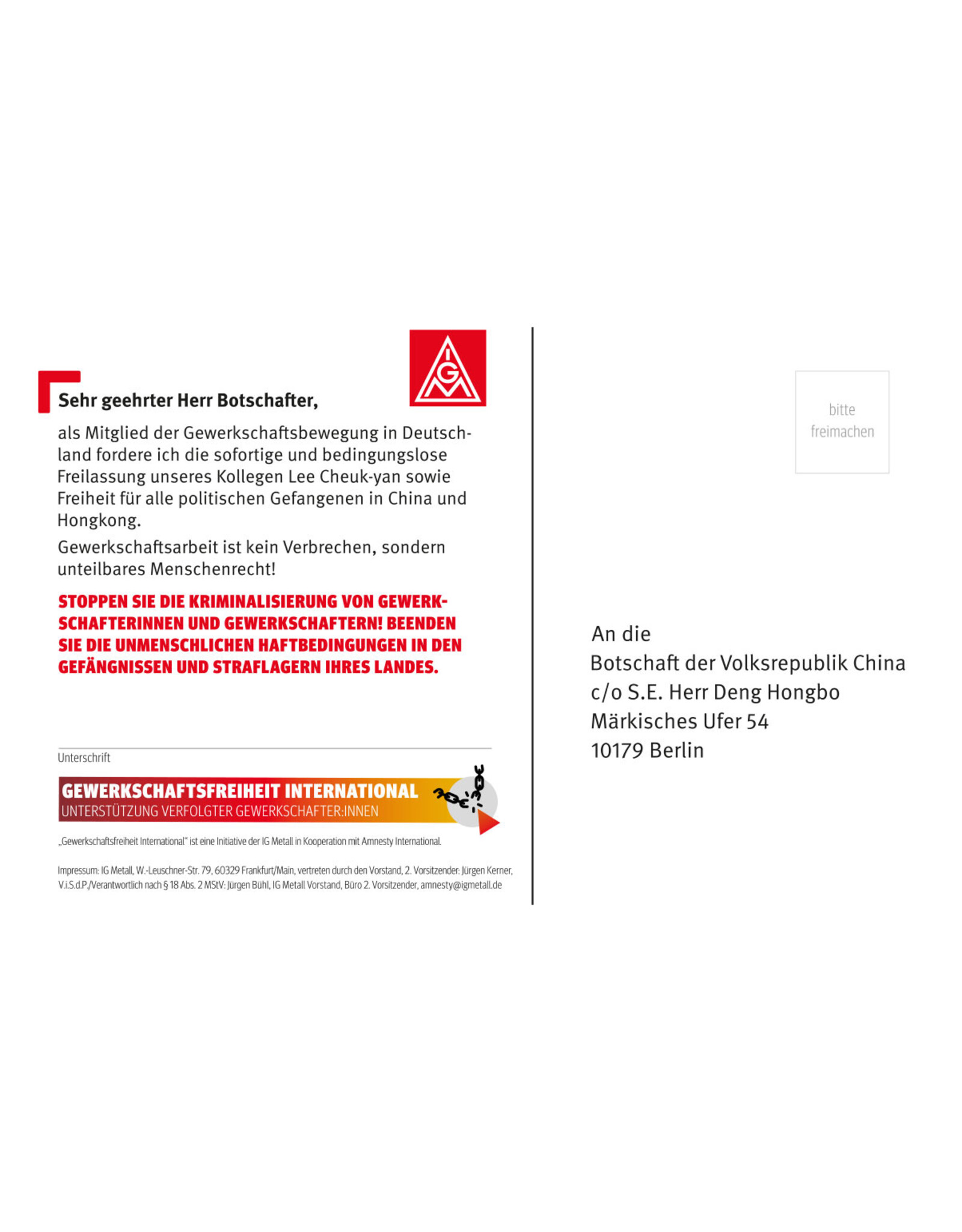 Postkarte Freiheit für Lee Cheuk-yan