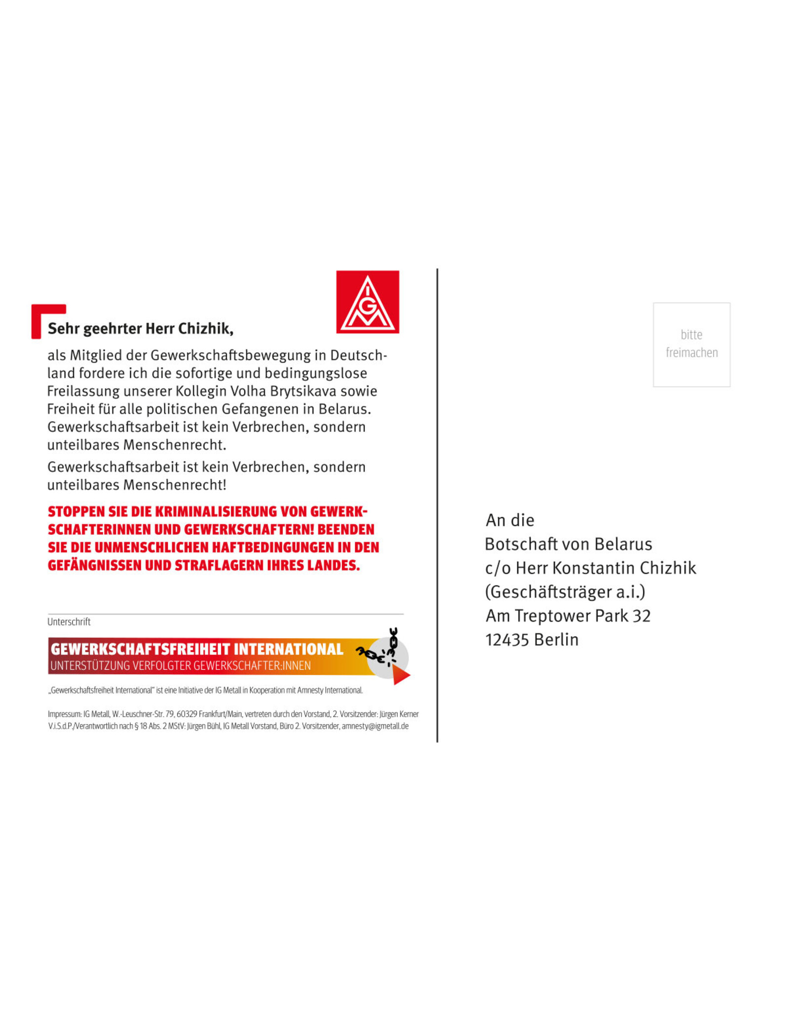 Postkarte Freiheit für Volha Brytsikava