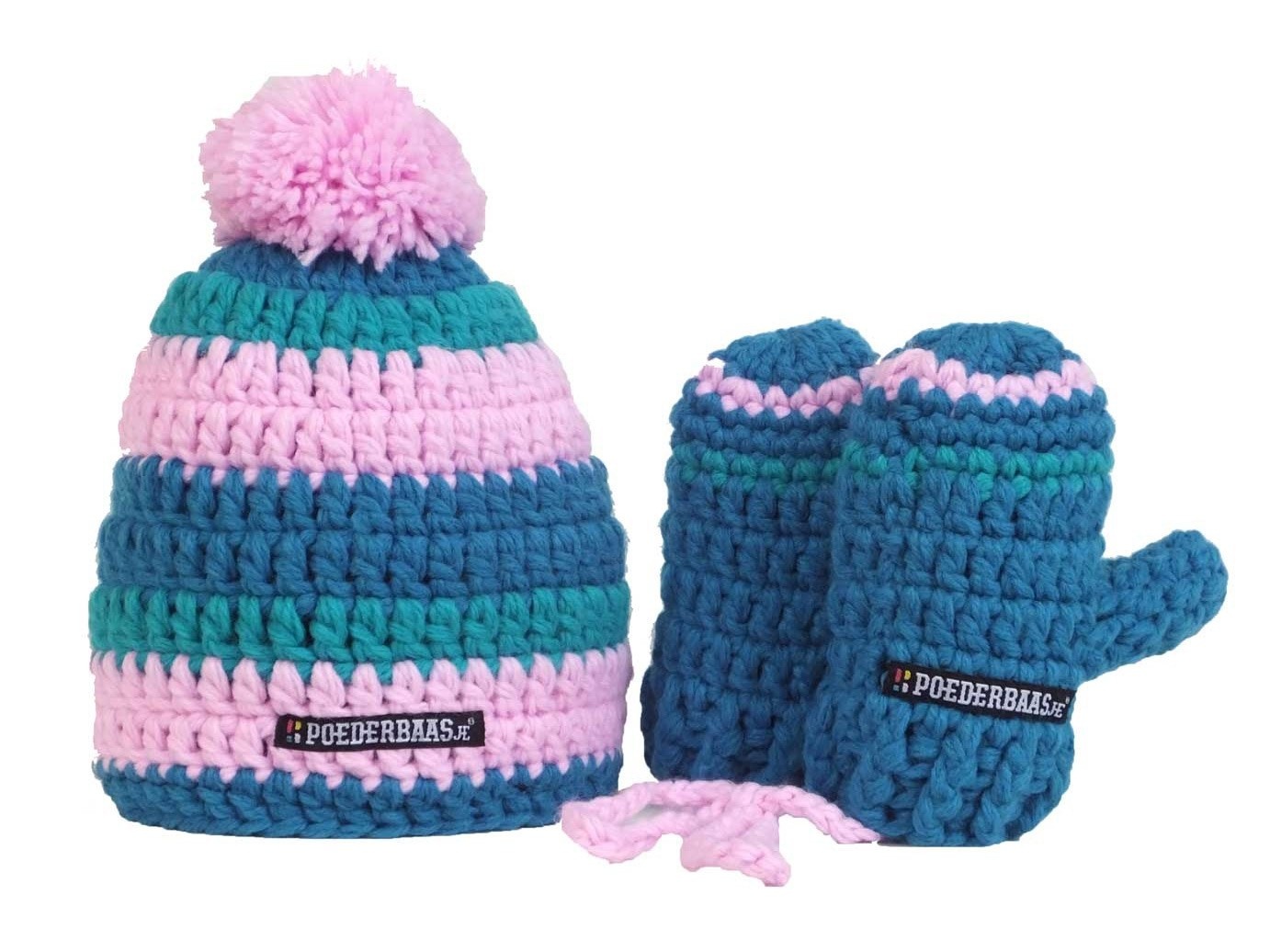 Schattige kleurrijke babymuts met handschoentjes - blauw/roze