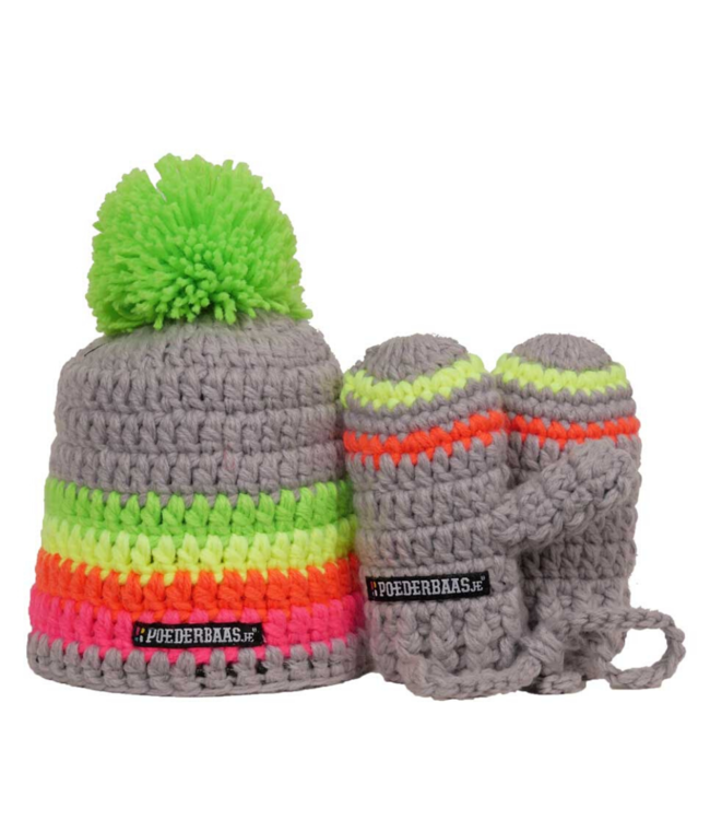 Kleurrijke babymuts met handschoentjes - grijs/groen/geel/roze