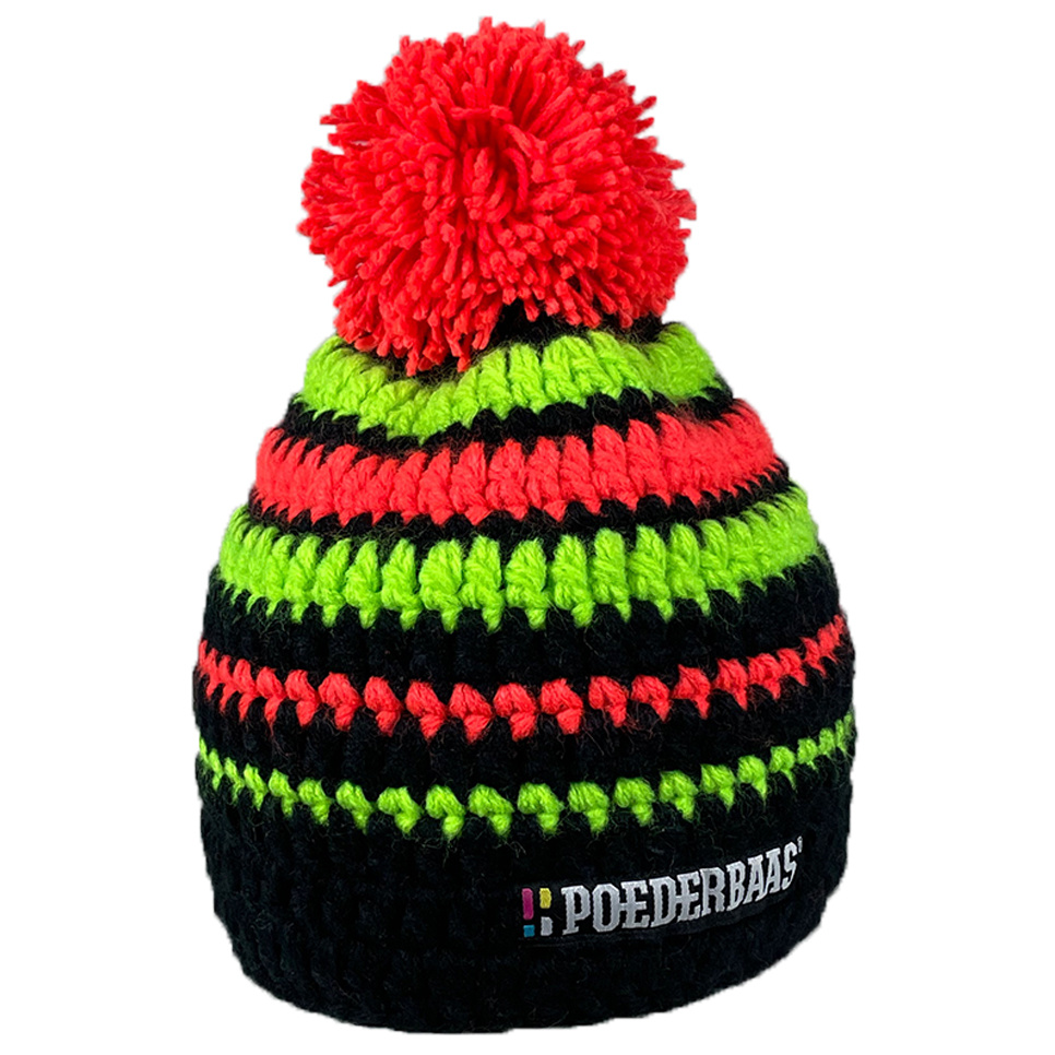Korte muts met pompon - zwart/groen/oranje