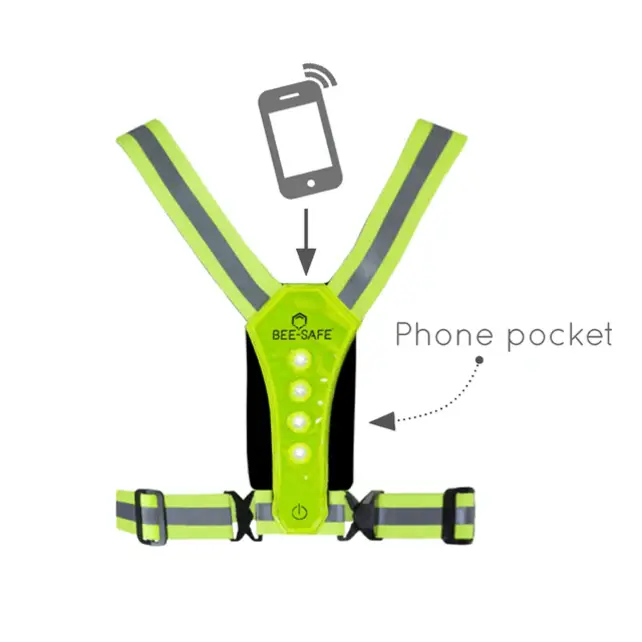 BEE SAFE Led Hardloopvest USB-C Lime met telefoonvak | Reflectievest