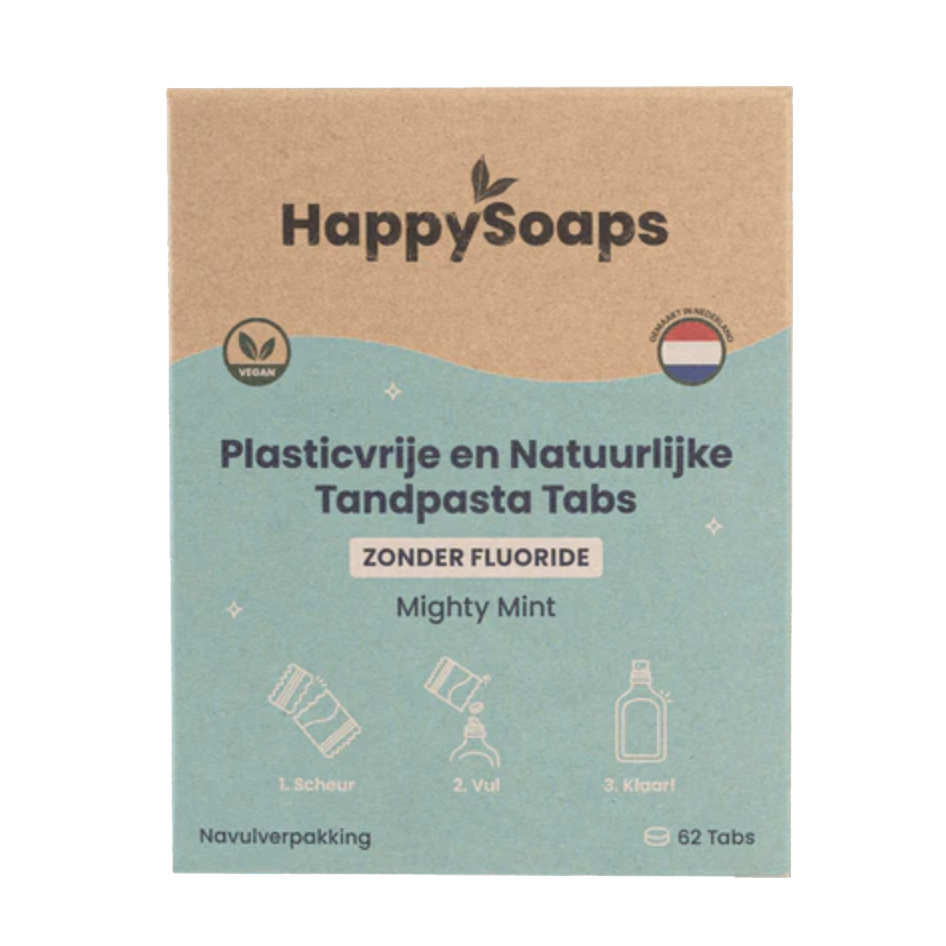 Happy  Soaps Navulverpakking tandpasta tabs – zonder fluoride – mighty mint