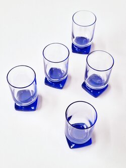 Vintage set 5 glazen bormiolo rocco ibisco kobalt voetje