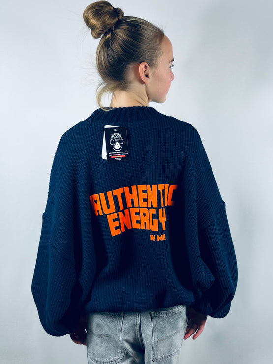 Noenganger Sweater authentic energy wol baggy one size donkerblauw/fluo-oranje