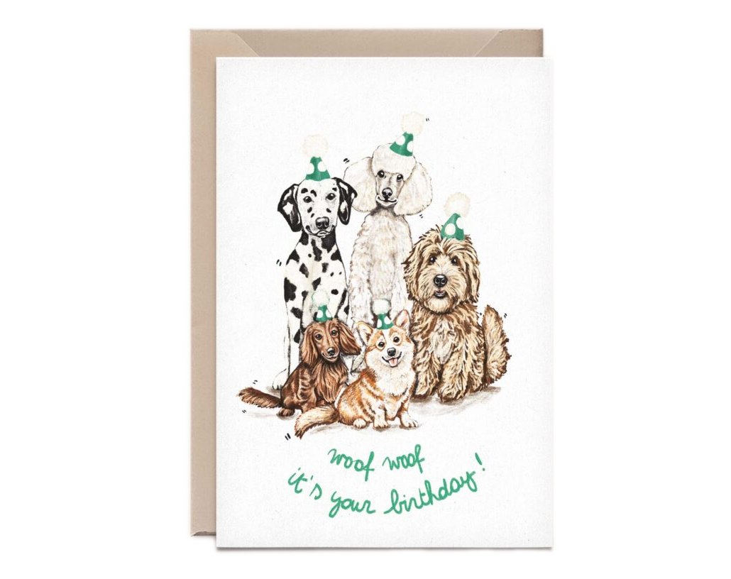 Kathings Wenskaart dogs woof it's your birthday