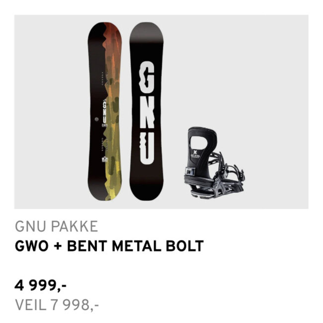 Snowboardpakke | Gnu GWO + Bent Metal Bolt Binding