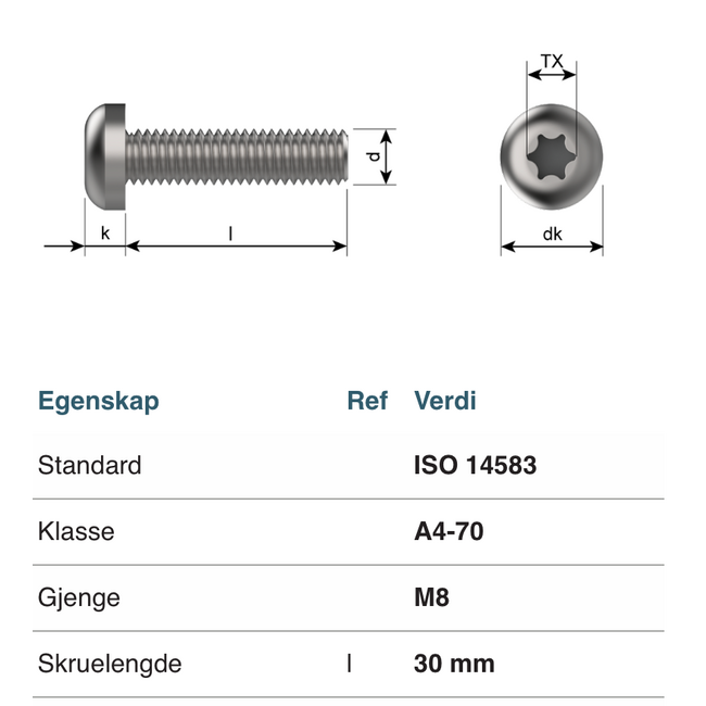 Bolt - A4 M8x30 - Torx 45- FLATT HODE