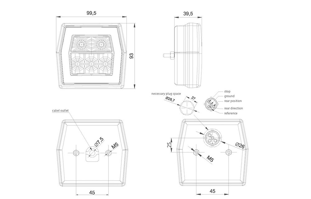 Kompaktes LED-Rücklicht mit Kennzeichenbeleuchtung | 12-36V | 5 Pins