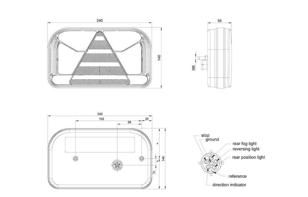 Links | LED-Rücklicht mit Kennzeichenbeleuchtung unter | 12-36V | 5 Pins