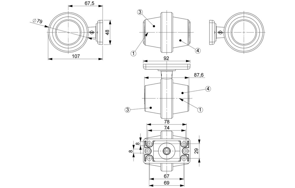 Schwedische Begrenzungsleuchte, kurzer Griff und mattierte Linse | 12-24V |