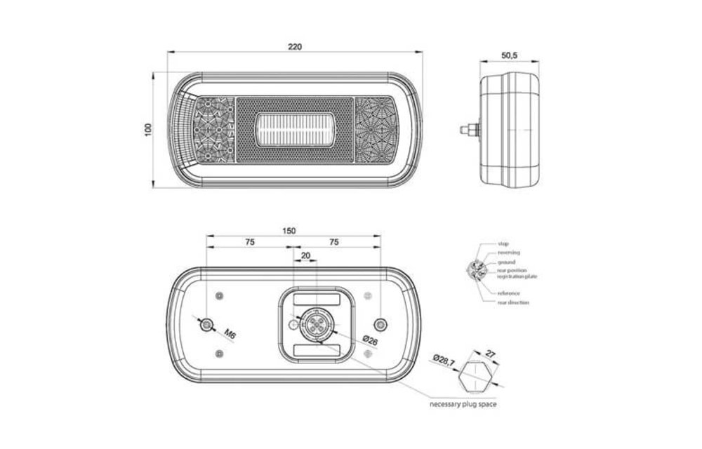 LED-Rücklicht mit Kennzeichenbeleuchtung | 12-36V | 5 Pins